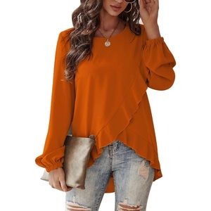Blouse Laqeyko Women's Elegant Crewneck Ruffle Trim Shirts Long Sleeve 2023 Fall